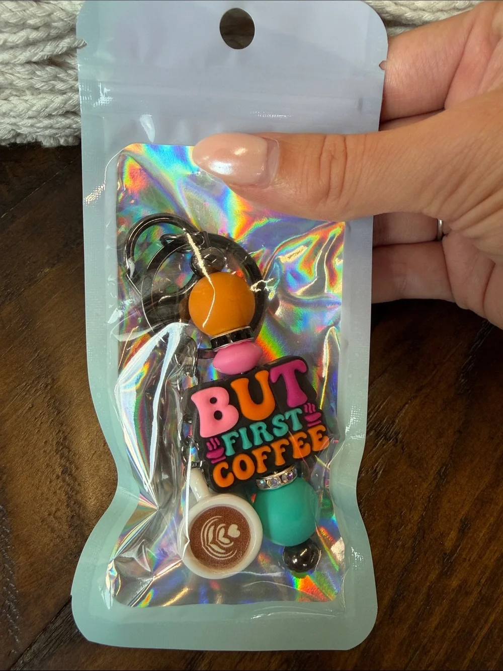 But First Coffee Keychain Charm - Teal, Pink & Orange